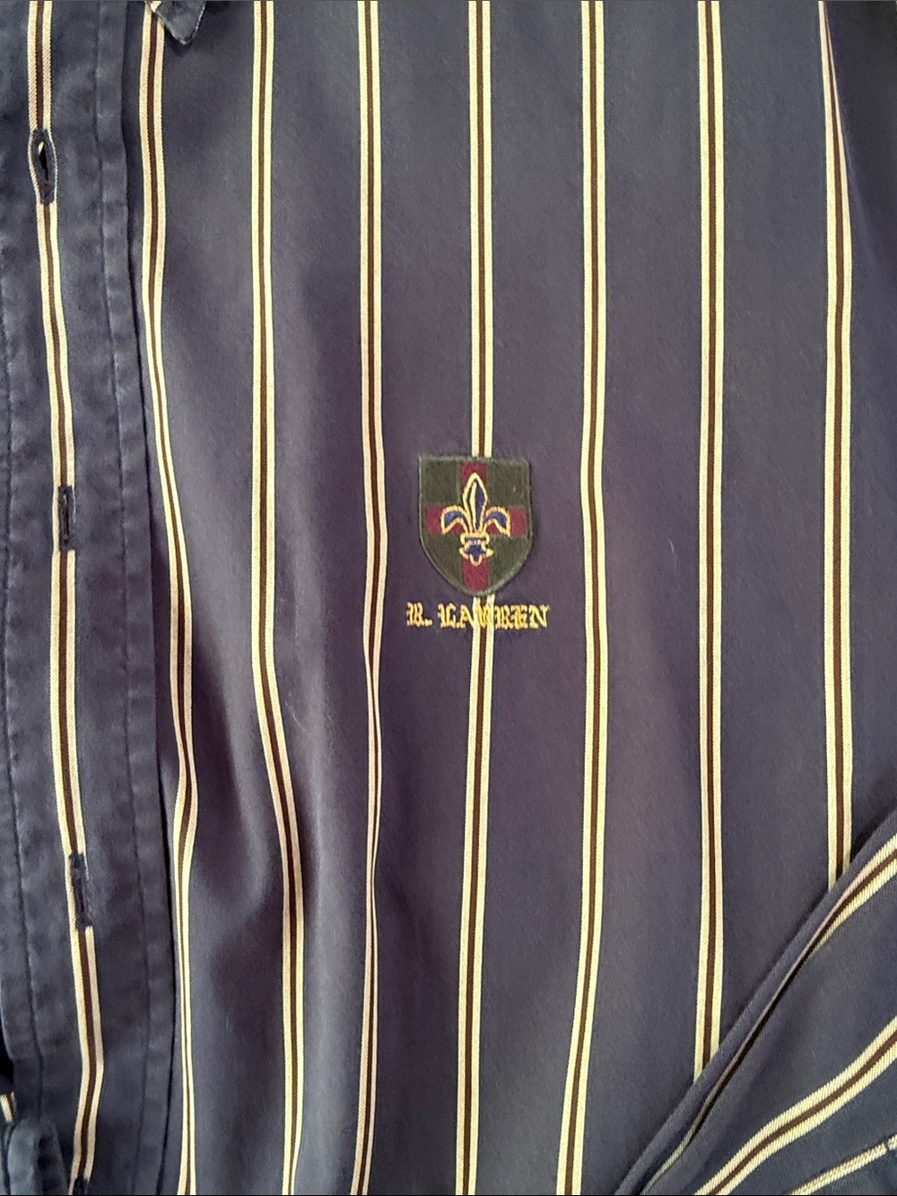 Ralph Lauren Vintage Navy Shirt with Tan Stripes and Embroidered Crest - Picture 2 of 3